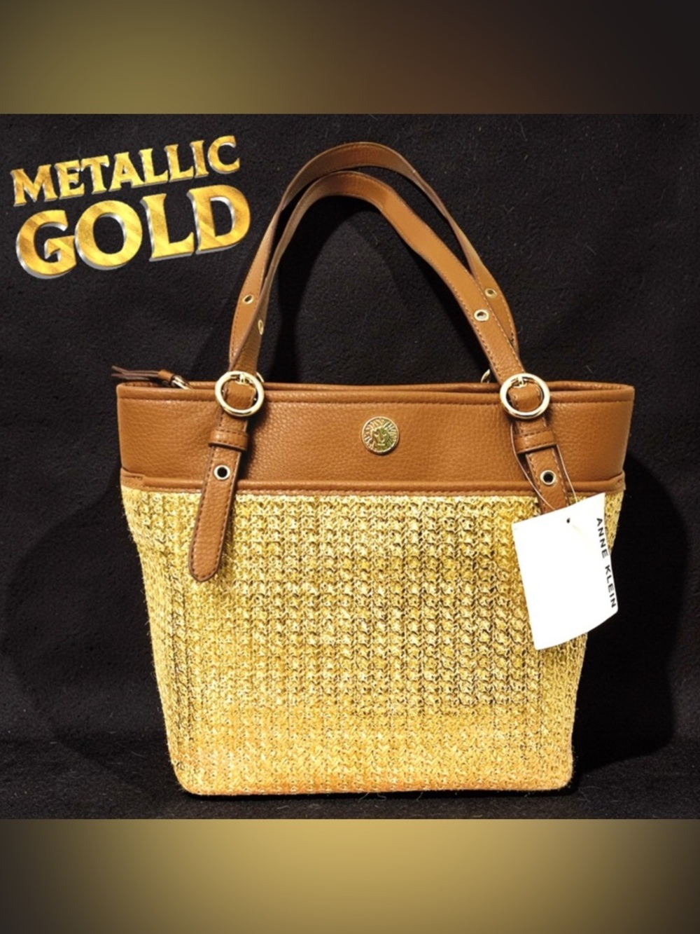 Anne Klein Gold Metallic Woven Tote with Tan Trim